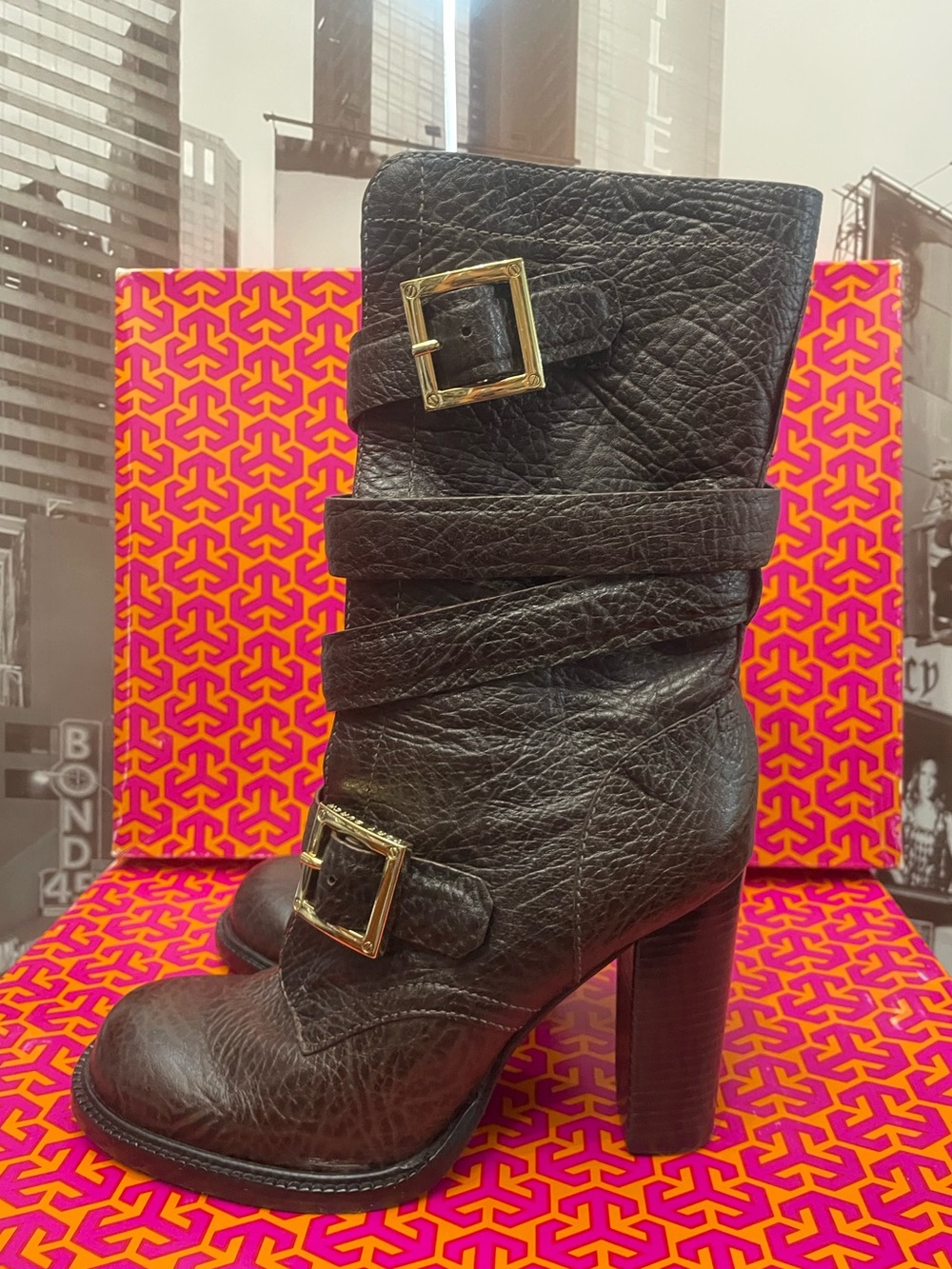 Tory Burch Jaden Brown Boots Mid Calf Buckle Straps Stack Heel Sleek Moto SZ 8